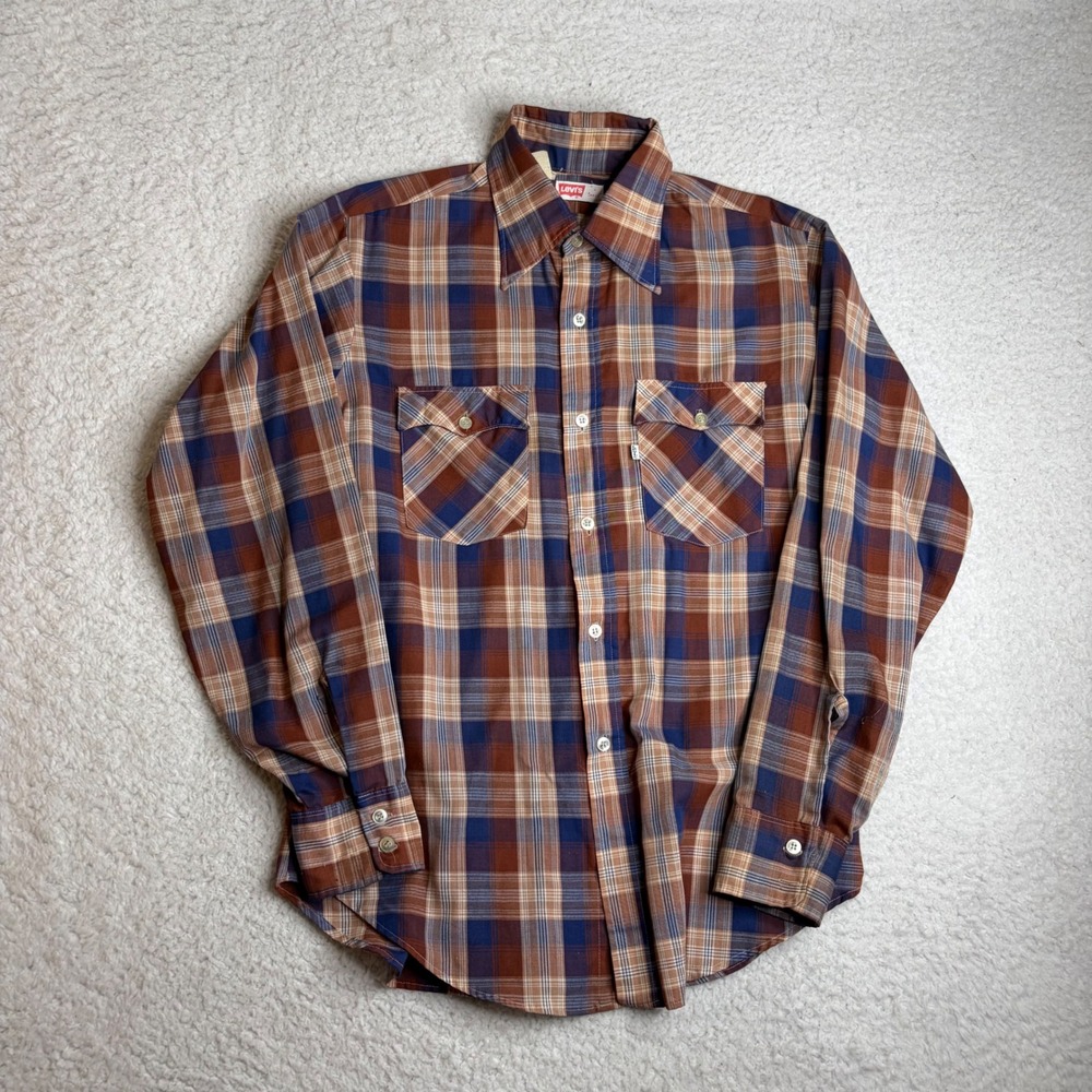 70s usa made  Levis Plaid Western Shirt Mens Large Brown Blue paper thin shirt